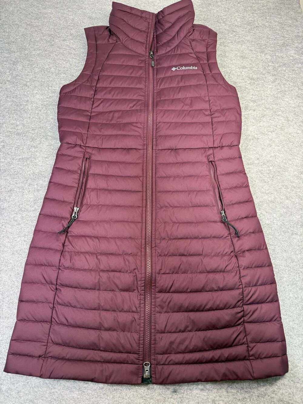 Columbia Omni-Heat Long Puffer Vest Womens XS Burgundy Faux Fur Collar